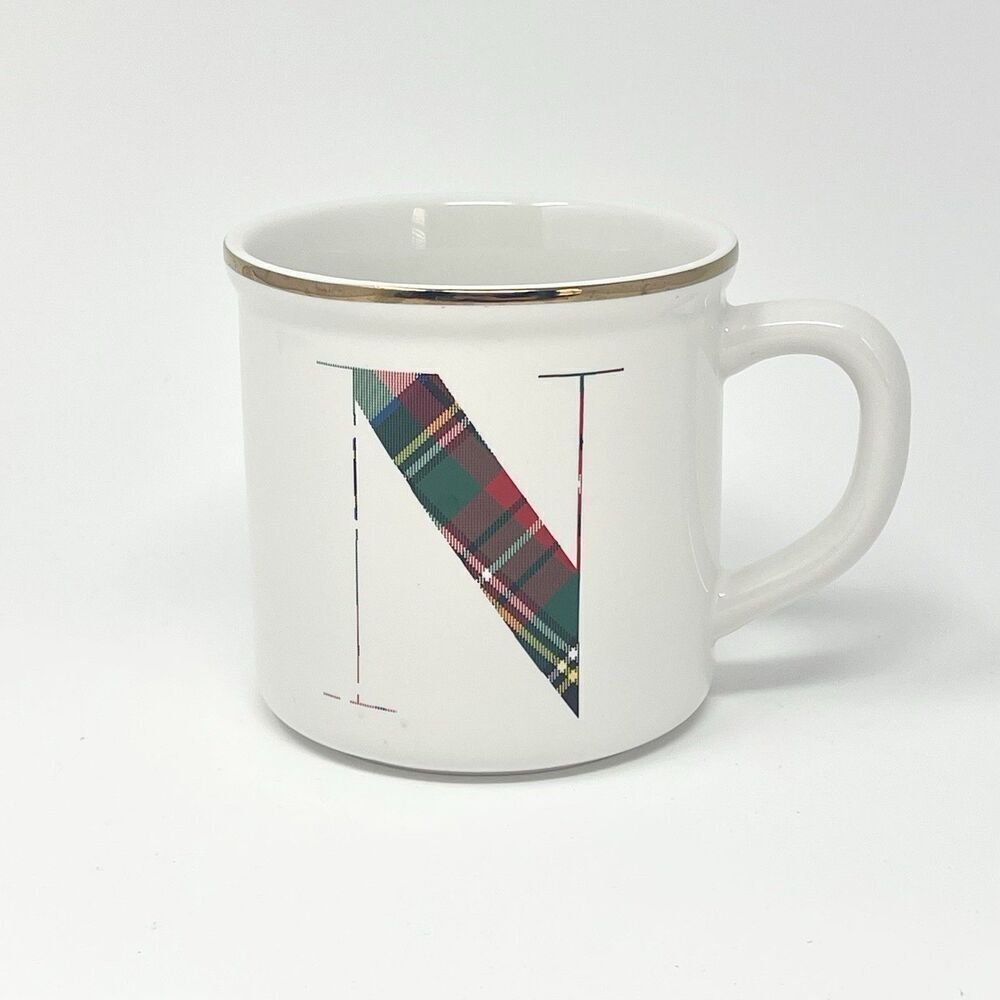 New Pottery Barn Plaid Alphabet Cup Mug Letter N Initial Monogram 16 oz. NWT